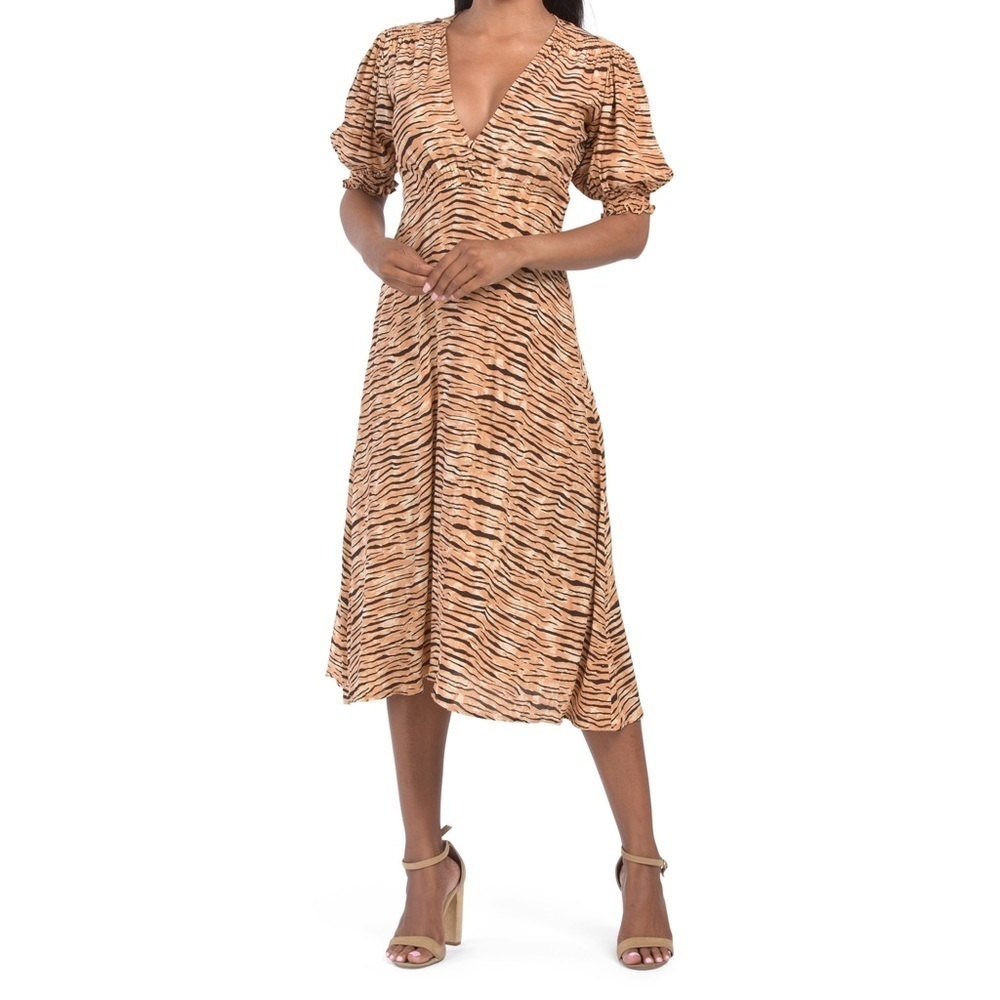 NWT Faithfull the Brand Marie Louise Wyldie Tiger Animal Print Midi Dress